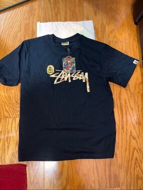 Stussy Black Tee with Multicolor Camo Logo